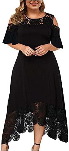 MOBCTG Plus Size Dresses for Women’s Church, Fashion Lace Stitching Ruffle Short-Sleeved Strapless Sheath Dress, L-5XL