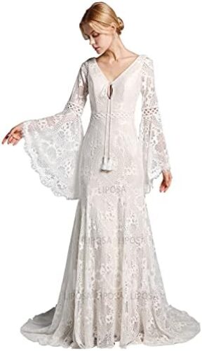 LIPOSA Boho Lace Wedding Dresses for Brides Long Bell Sleeves V Neck Mermaid Bridal Gowns with Sweep Train