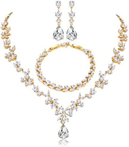 Hadskiss Jewelry Set for Women, Necklace Dangle Earrings Bracelet Set, White Gold Plated Jewelry Set with White AAA Cubic Zirconia, Allergy Free Wedding Party Jewelry for Bridal Bridesmaid