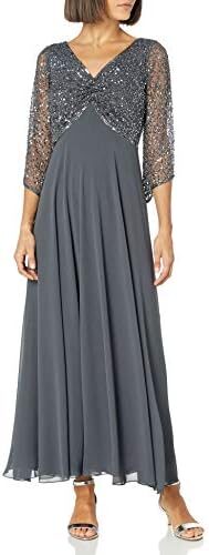 J Kara Women’s Petite 3/4 Sleeve V-Neck Beaded Top Long Gown