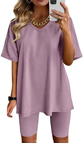 AGSEEM Two Piece Outfits For Women Summer V Neck T-Shirt Tops Biker Shorts Workout Sports Tracksuit