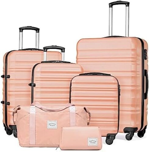 LONG VACATION Luggage Set 4 Piece Luggage Set ABS hardshell TSA Lock Spinner Wheels Luggage Carry on Suitcase (PINK, 6 piece set)