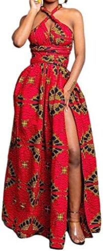 Vimoisa Women Sexy Boho African Dress Long Maxi Dress V-Neck Multi-Way Dress Pleated Dress Floral Print