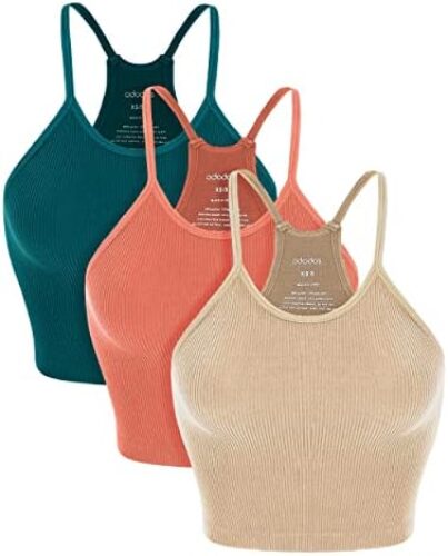 ODODOS Women’s Crop 3-Pack Washed Seamless Rib-Knit Camisole Crop Tank Tops