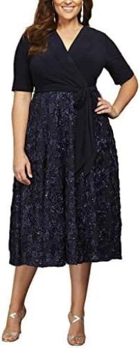 Alex Evenings Women’s Plus Size Tea Length Dress with Rosette Detail