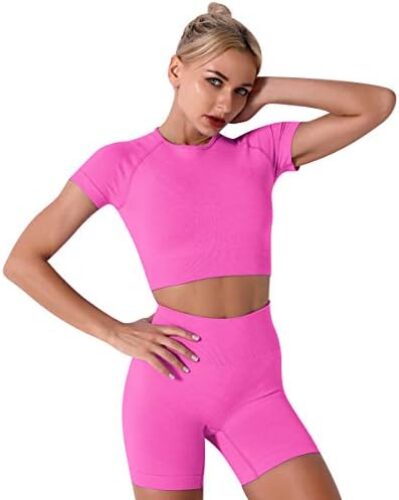 IMEKIS Women’s Yoga Outfit Seamless Workout Set High Waist Exercise Shorts Pants with Sport Crop Top Bra 2PCS Gym Tracksuits