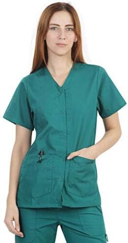 Womens V-Neck SNAP Closure Scrub TOP with Short Sleeves