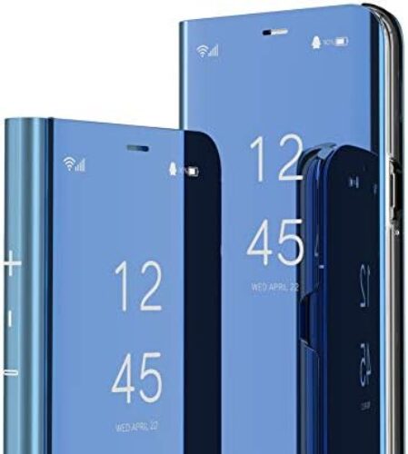 OOPKINS Compatible with Samsung Galaxy A14 5G Case Luxury Bookstyle Clear View Window Electroplate Stand Full Body Protective Flip Folio Slim Cover for Samsung Galaxy A14 5G PU Mirror Blue MX