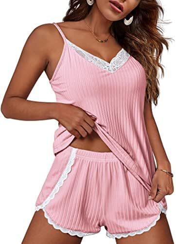 Ekouaer Women Pajama Sets Lace Sleepwear Ribbed Knit Set