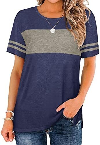 Bofell Womens Tshirts Short Sleeve Summer Tops Color Block Side Split Shirts Crew Neck