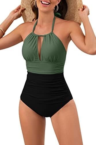 B2prity Women’s Slimming One Piece Swimsuits Tummy Control Bathing Suit Halter Swimwear for Big Busted Curvy Woman