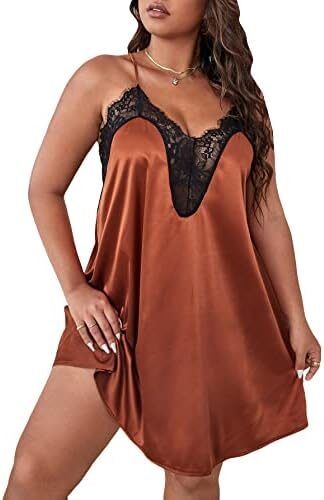 MakeMeChic Women’s Plus Size Satin Slip Nightgown Lace Trim Silk Cami Night Dress Sleepwear
