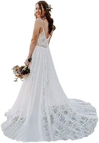 Bohemian Wedding Dresses Spaghetti Strap with Adjustable Drawstring Lace Bridal Gowns