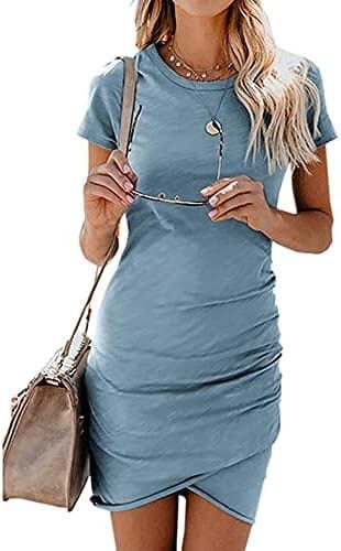 BTFBM Women’s 2023 Summer Casual Beach Dresses Crew Neck Short Sleeve Wrap Party Club Mini Ruched Bodycon T Shirt Dress