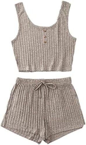 SheIn Women’s 2 Piece Sleeveless Button Crop Tank Tops and Shorts Lounge Set