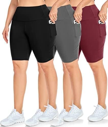 NEW YOUNG 3 Pack Plus Size Biker Shorts with Pockets for Women-High Waisted 8″ Yoga Pants Workout Shorts