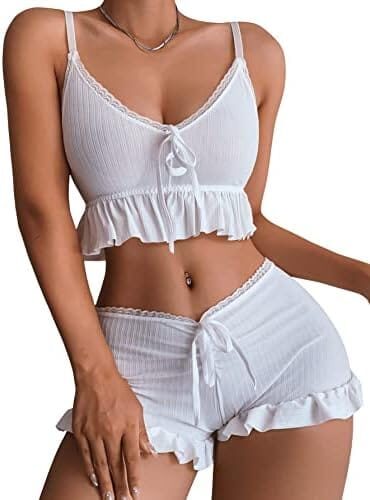 SweatyRocks Women’s 2 Piece Lingerie Set Ruffle Trim Tie Front Cami Top and Shorts Sleepwear