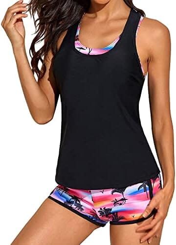 Yonique 3 Piece Athletic Tankini Swimsuits for Women with Shorts Swim Tank Tops with Sports Bra and Boyshorts Bathing Suits