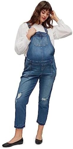 Motherhood Maternity Women’s Side Panel Skinny Ankle Length Denim Jean Overalls for Pregnant Women Indigo Blue