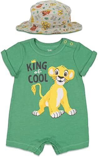 Disney Lion King Mickey Mouse Winnie The Pooh Tigger Simba Timon Baby Romper and Bucket Sun Hat Newborn to Infant