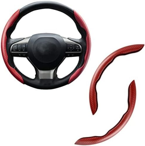 Amiss Carbon Fiber Anti-Skid Steering Wheel Cover, Segmented Steering Butterfly Universal 99% Car Wheel Protector, Car Interior Accessories (Red)