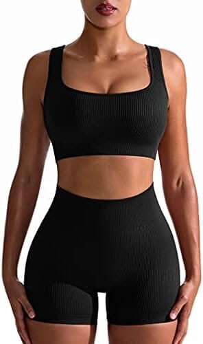 OQQ Workout Outfits for Women 2 Piece Seamless Ribbed High Waist Leggings with Sports Bra Exercise Set