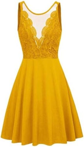 GRACE KARIN Women Sleeveless Lace Patchwork Deep V-Neck A Line Flared Party Dress