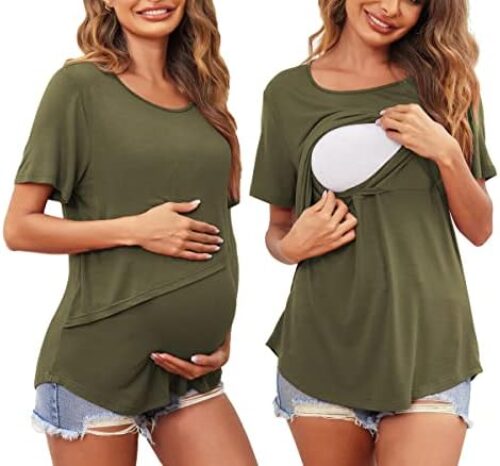 Ekouaer Women’s Maternity Nursing Tops Short Sleeve Double Layer Breastfeeding Tee Shirts S-XXL