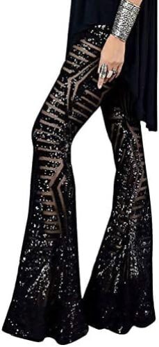BLENCOT Sequin Pants for Women High Waist Bell Bottoms Glitter Wide Leg Palazzo Pants Night Club Sparkle Flared Trousers
