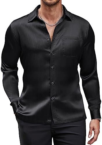 COOFANDY Men’s Luxury Satin Dress Shirt Shiny Silk Long Sleeve Button Up Shirts Wedding Shirt Party Prom