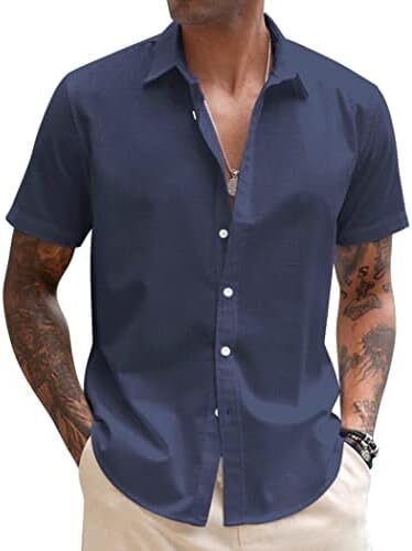 COOFANDY Men’s Linen Casual Short Sleeve Shirts Button Down Summer Beach Shirt