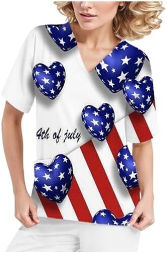 4Th of July Scrub Tops Women Stretchy V-Neck Nurse Uniforms Workwear Patriotic Print Short Sleeve Tunic Blouse Pocket