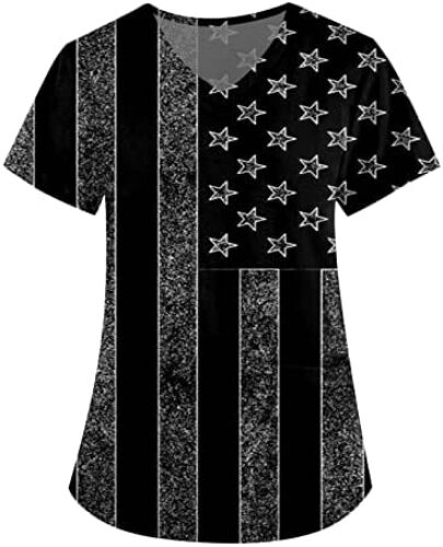 4th of July Scrubs Tops for Women Short Sleeve V-Neck Medical Scrub T-Shirts 2024 New Breathable Nursing Uniforms