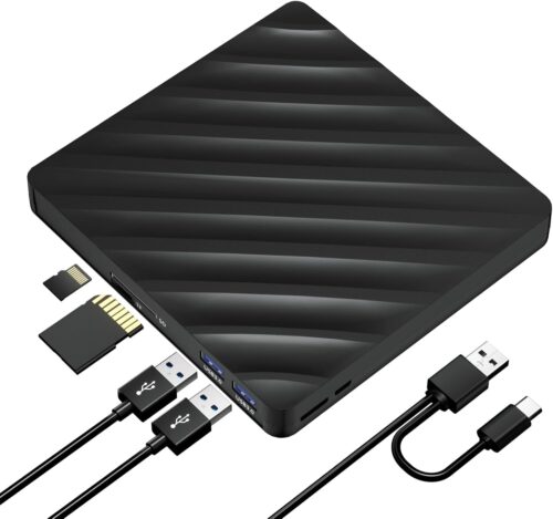 5 in 1 External Bluray Drive, USB 3.0 Type-C Slim Optical External Bluray DVD Burner with SD/TF Card Reader 2 USB 3.0 Hubs Compatible with Windows XP/7/8/10 MacOS MacBook Laptop and Desktop