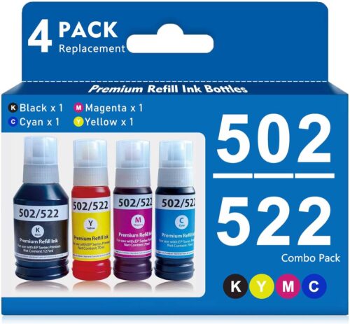 502 522 Refill Ink Bottles Compatible for Epson 502 T502 522 T522 use for ET-2850 ET-2803 ET-2800 ET-2720 ET-2700 ET-2750 ET-3710 ET-3750 ET-4750 ET-3700 ET-3850 ET-4850 ET2700 ST3000 Printer(4-Pack)