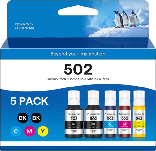 502 High Capacity Refill Ink Bottles Replacement for Epson 502 Ink Refill Bottles to Use with ET-2750 ET2720 ET-2803 ET-2800 ET-3750 ET-4750 ET-3760 ET-4760 ET-2850 ET Printer (5 Packs)