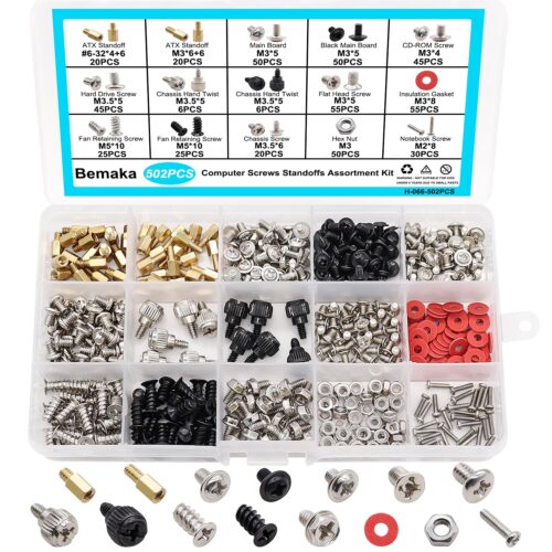 502PCS Computer Screws Assortment Kit, Motherboard Standoffs Screws PC Screws for PC Fan, PC Case, HDD Hard Drive, Laptop, SSD, CD-ROM, Used for DIY Installation & Repair of Computer Parts