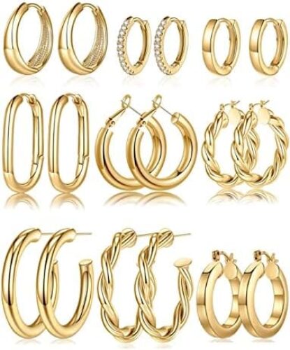925 Sterling Silver Post 14K Real Gold Plated Chunky Hoop Earrings Set for Women, Hypoallergenic Thick Lightweight Hoop Earrings for Women 20/25/30/40/50/60mm Gold Jewelry Gifts