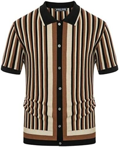 PJ PAUL JONES Men’s Striped Polo Shirts Breathable Knit Shirt 70s Vintage Shirt Short Sleeve Button Down Clothing
