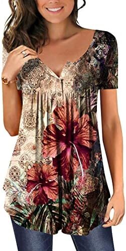 Womens Tops Hide Belly Tunic 2023 Summer Short Sleeve T Shirts Cute Flowy Henley Tshirt Casual Dressy Blouses For Leggings