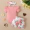 Baby Girls 3-piece Infant Clothes Romper Bodysuit Floral Short Pants Clothing Sets Headband Outfits