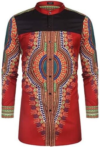 COOFANDY Men’s African Dashiki Print Shirt Long Sleeve Button Down Shirt Bright Color Tribal Top Shirt