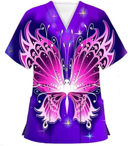 Scrub_Tops for Womens T Shirt Butterflies Valentine’s Day Printed V-Neck Working Uniform Workwear Pockets Top