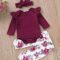 3PCS Infant Toddler Baby Girl Clothes Ruffle Romper Bodysuit Floral Halen Pants Headband Outfits