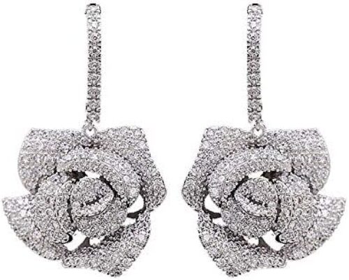 Huggie CZ Flower Dangle Stud Earrings for Women Girls with Charms Fashion Luxury Pave Rhinestone Filigree Camellia Rose Dainty Crystal Drop Dangling Wedding Prom Jewelry Dainty Gifts Valentine Mother’s Day