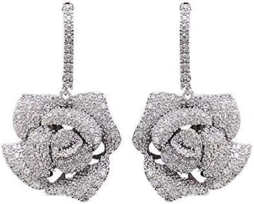 Huggie CZ Flower Dangle Stud Earrings for Women Girls with Charms Fashion Luxury Pave Rhinestone Filigree Camellia Rose Dainty Crystal Drop Dangling Wedding Prom Jewelry Dainty Gifts Valentine Mother’s Day