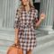 Women’s Wedding Guest Dresses Tie Waist Shirt Long Sleeve Lapel Short Skirt Plaid Dress Fall Dresses 2023