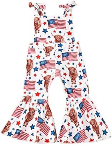 Zoiuytrg Toddler Baby Girl 4th of July Romper Outfit Cow American Flag Print Sleeveless Jumpsuit Bodysuit Summer Clothes
