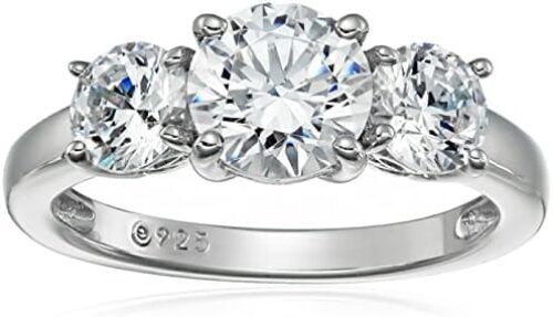 Amazon Collection Platinum or Gold Plated Sterling Silver Round 3-Stone Ring made with Infinite Elements Zirconia