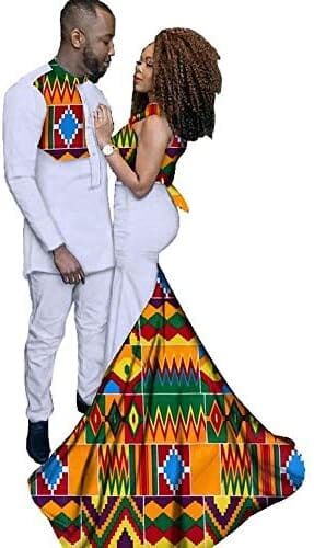 XIAOHUAGUA African Couple Wedding Dresses Mens Long Shirts Suit Womens Stand Collar Maxi Skirts White